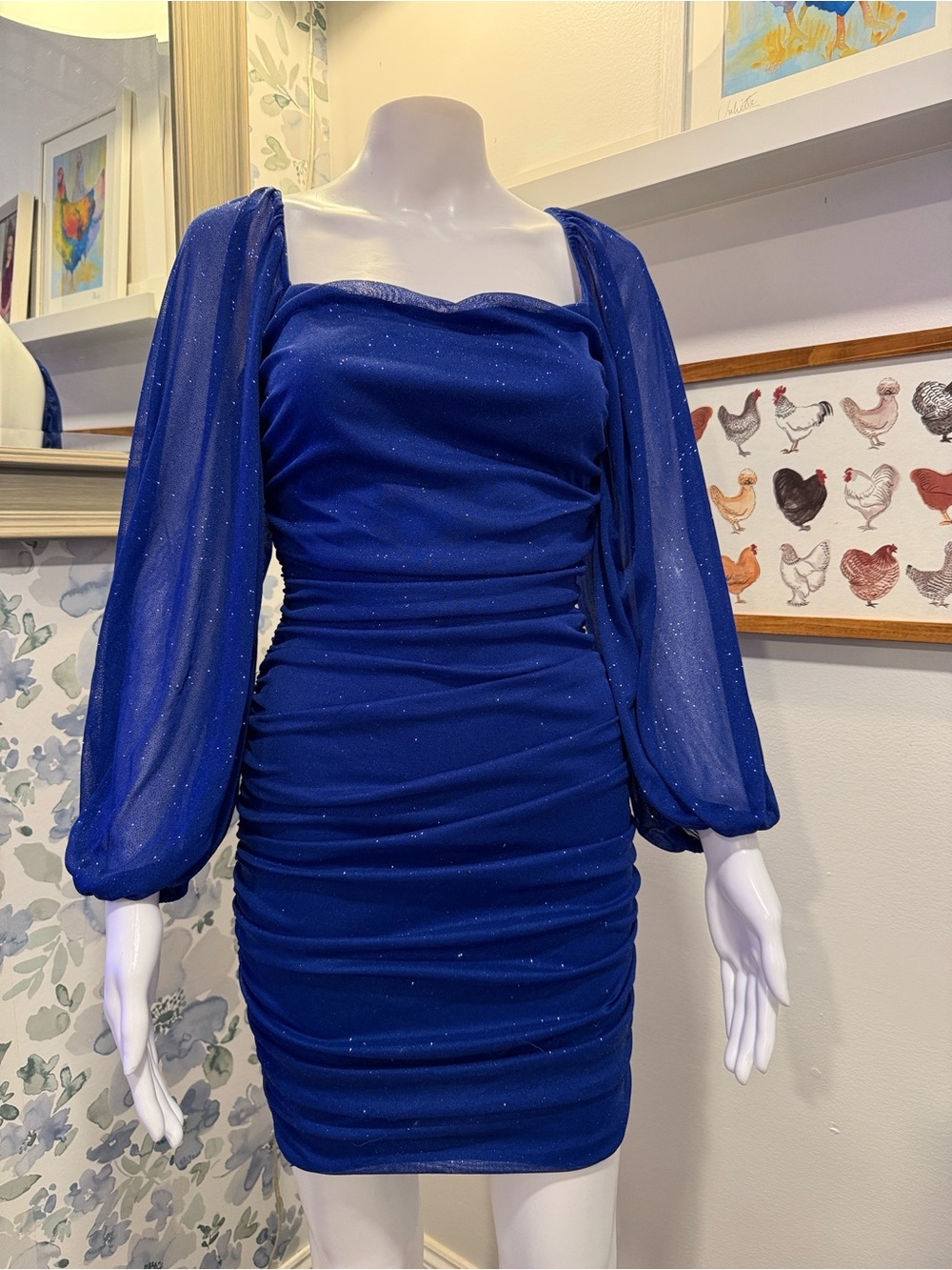 B Darlin Royal Blue Ruched Sheer Puff Sleeve Dress